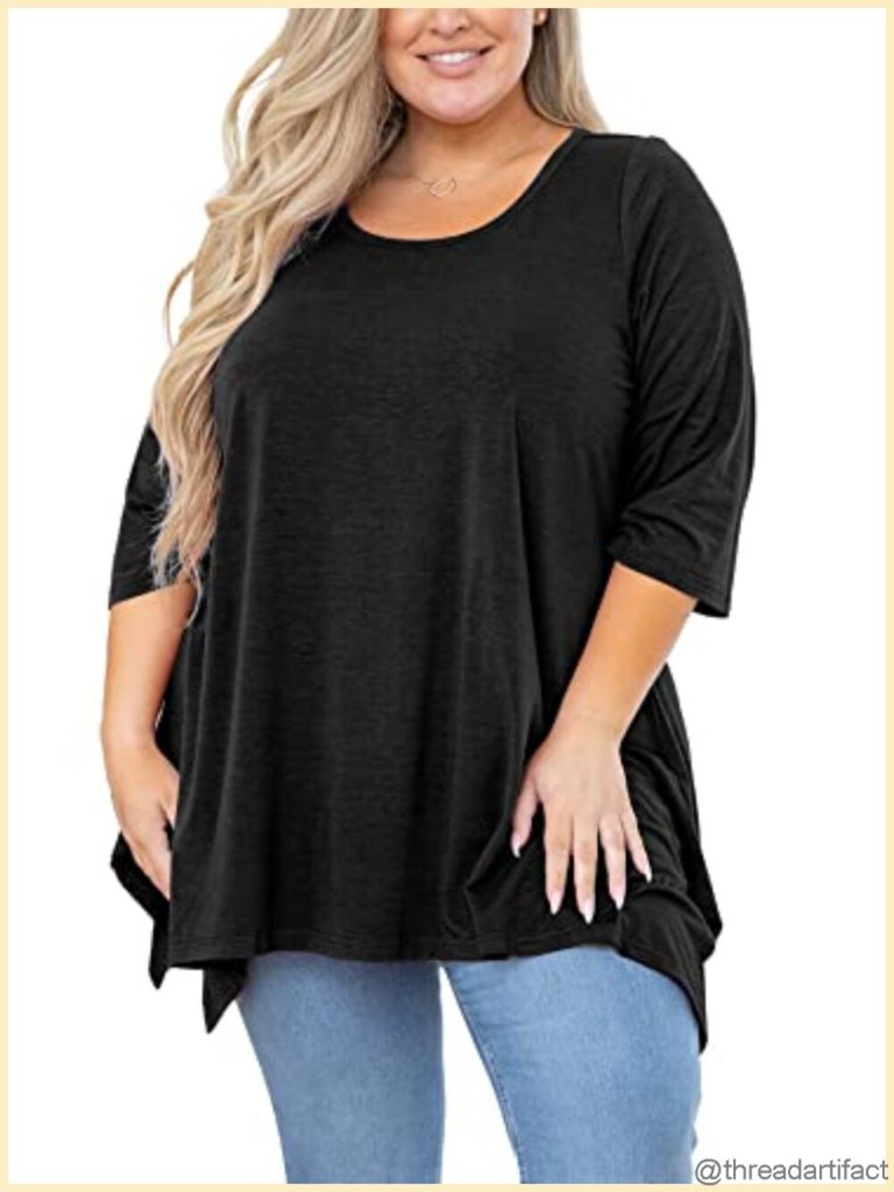 Plus Size Tunic Top 3/4 Sleeve Crew Neck Flowy Irregular Hem for Work Travel